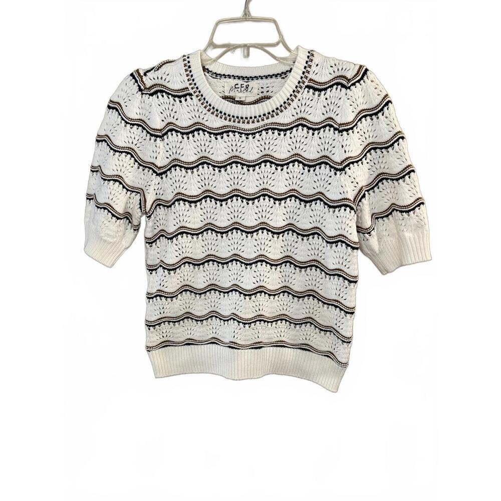 Marled Striped White Brown Black Knit Cotton Blend Short Sleeve Sweater Size S